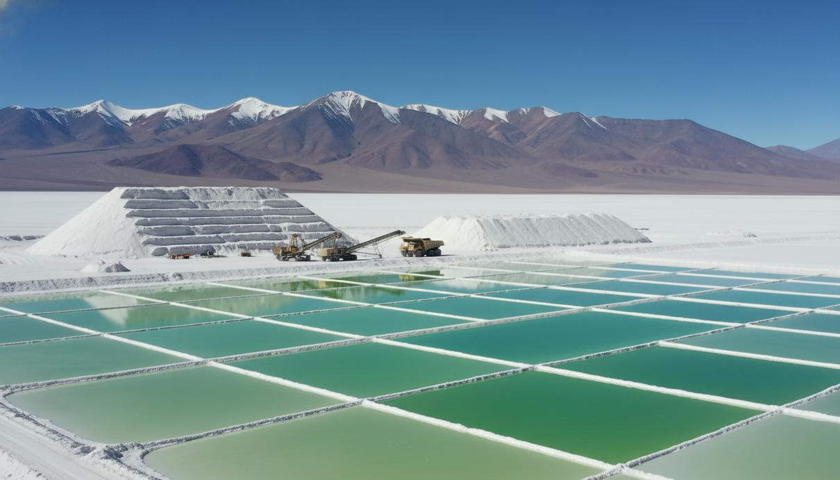 Промышленные бассейны для испарения лития на фоне белого солончака и гор в Чили