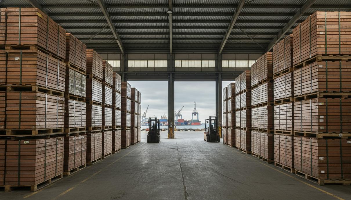 Промышленные склады в портовой зоне с рядами штабелированных медных слитков на поддонах
