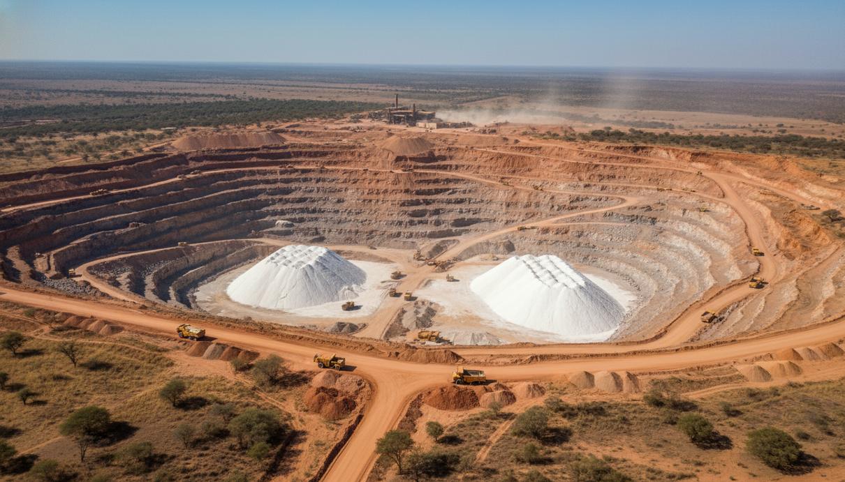 Вид на открытый литиевый рудник в Зимбабве с террасами, залежами белой руды и карьерной техникой
