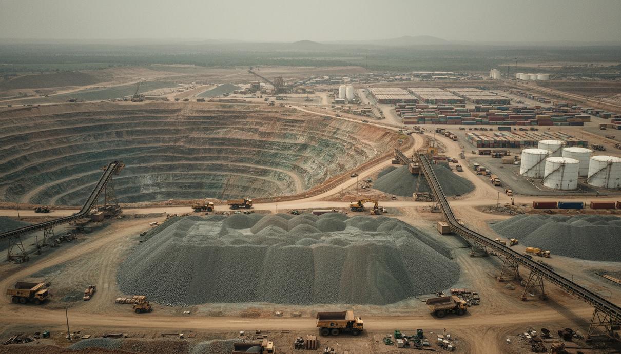 Промышленный пейзаж открытого медного рудника с залежами руды и складскими терминалами