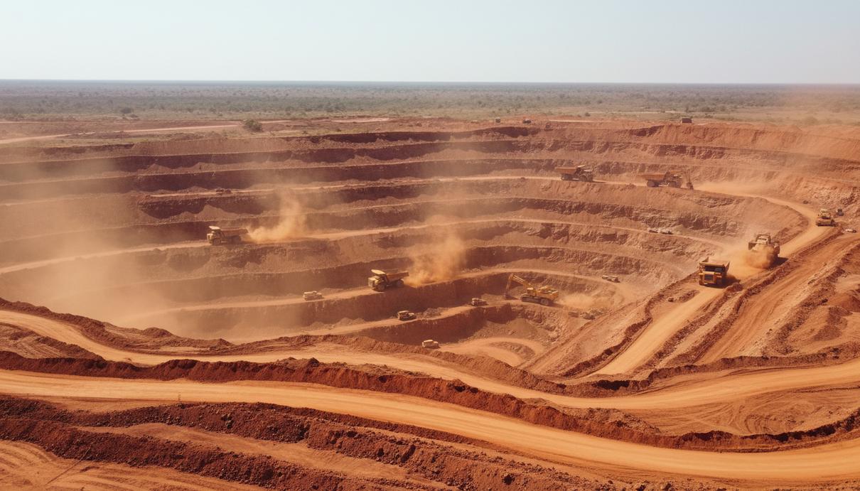 Панорама глубокого алмазного карьера в Анголе с промышленной техникой и террасами в красном грунте