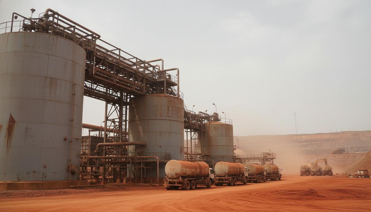 Промышленные стальные резервуары для хранения серной кислоты и сеть трубопроводов на фоне медного рудника.