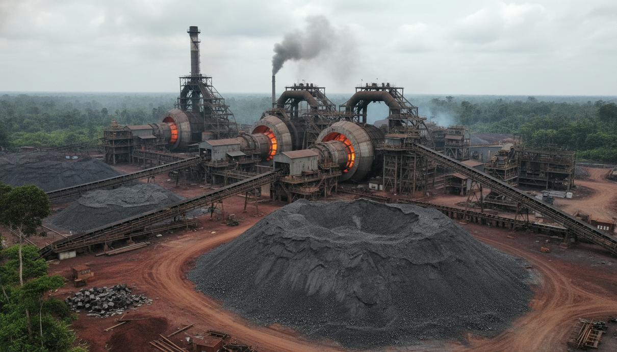 Индустриальный пейзаж никелевого завода в Индонезии с производственными корпусами и залежами руды