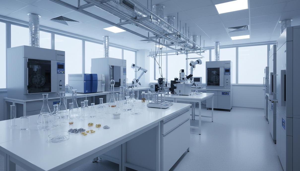 Современная химическая лаборатория с оборудованием и металлическими образцами на рабочем столе.