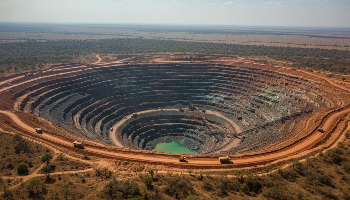 Панорамный вид на открытый медный рудник в Замбии с карьерной техникой и участками красной почвы.