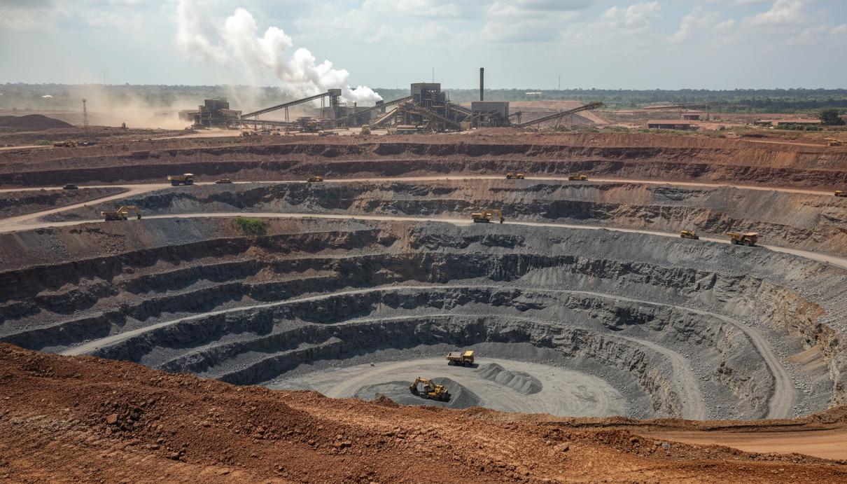 Панорама открытого кобальтового рудника в Конго с промышленными террасами и техникой для добычи руды