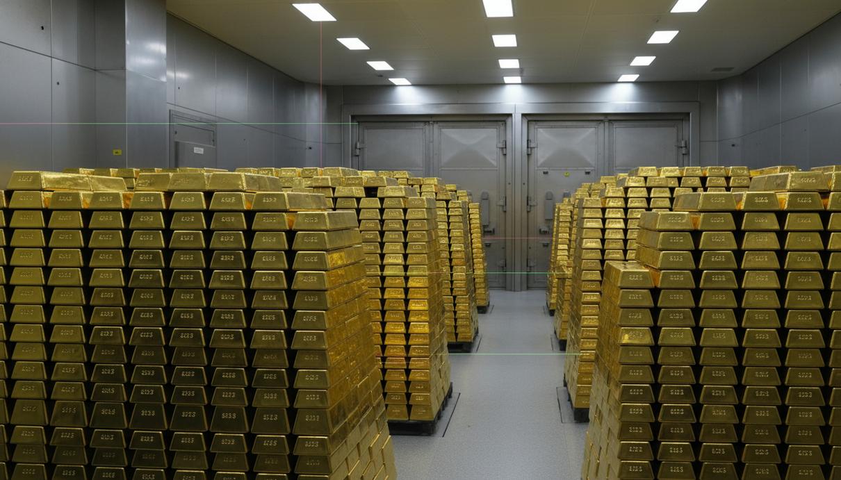 Золотые слитки, сложенные стопками в банковском хранилище с металлическими стенами и мягким светом