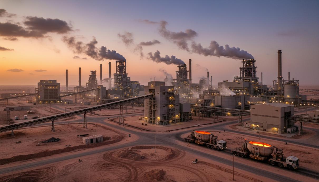 Промышленный комплекс алюминиевого завода в пустыне на фоне заката с высокими трубами и техникой