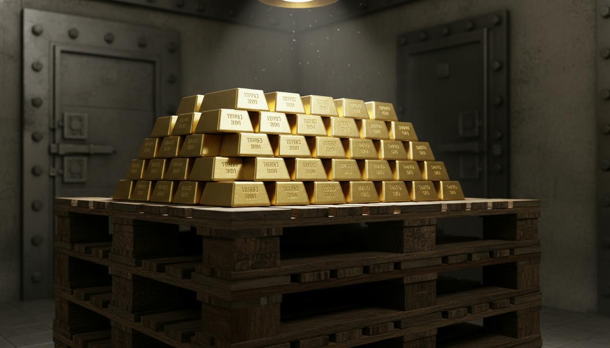 Золотые слитки с маркировкой, сложенные на поддонах в охраняемом банковском хранилище.