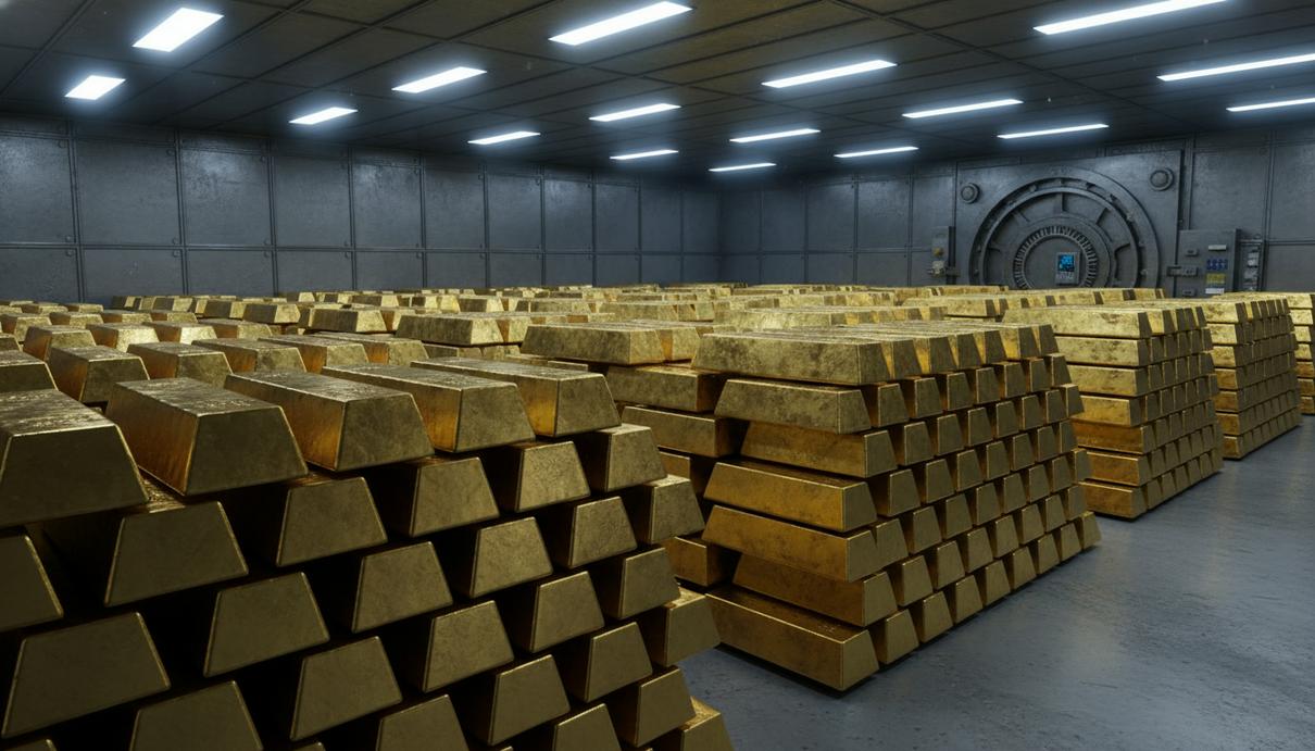 Ряды отполированных золотых слитков на полках в охраняемом хранилище