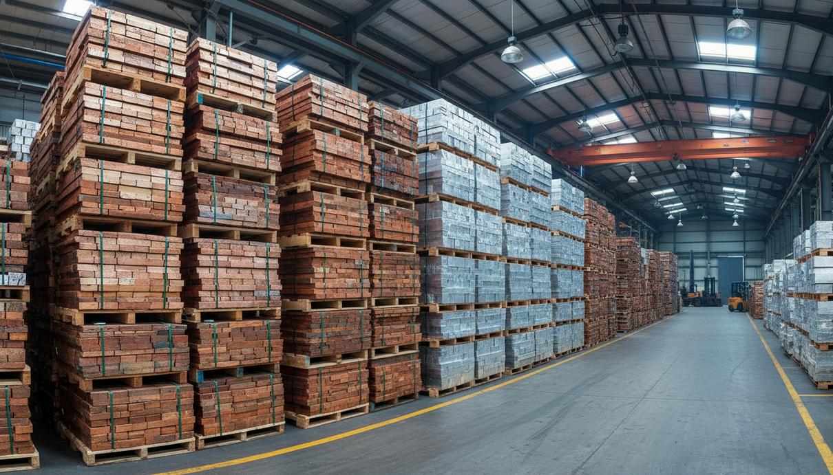 Штабели медных и алюминиевых слитков на поддонах в промышленном складском помещении.