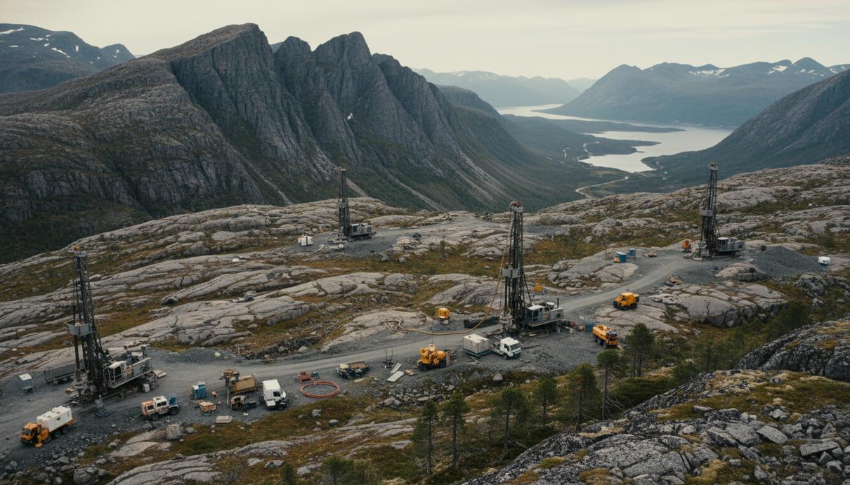 Промышленное буровое оборудование для геологоразведки на скалистом ландшафте в норвежском Телемарке