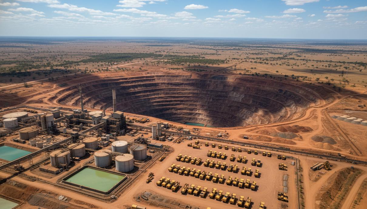 Вид сверху на медный карьер с террасами из красной почвы и промышленными корпусами завода.