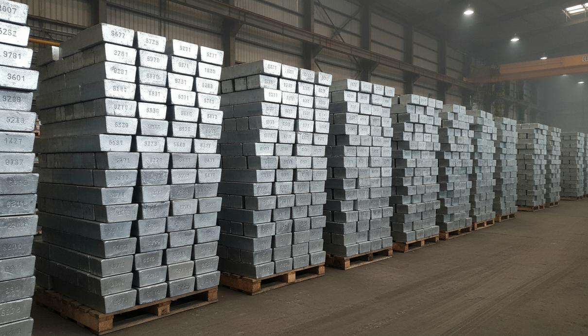 Металлические слитки свинца и цинка, сложенные в штабеля в промышленном помещении