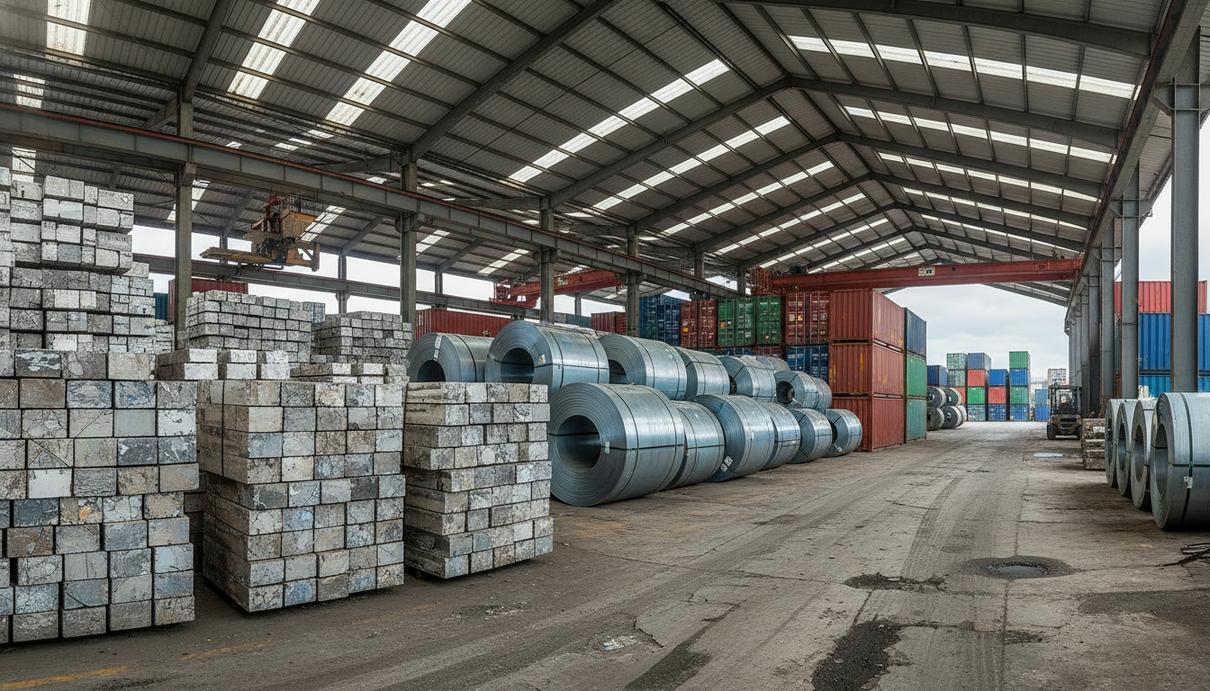 Склады готовой продукции алюминиевого завода со стопками металлических слитков и рулонов.