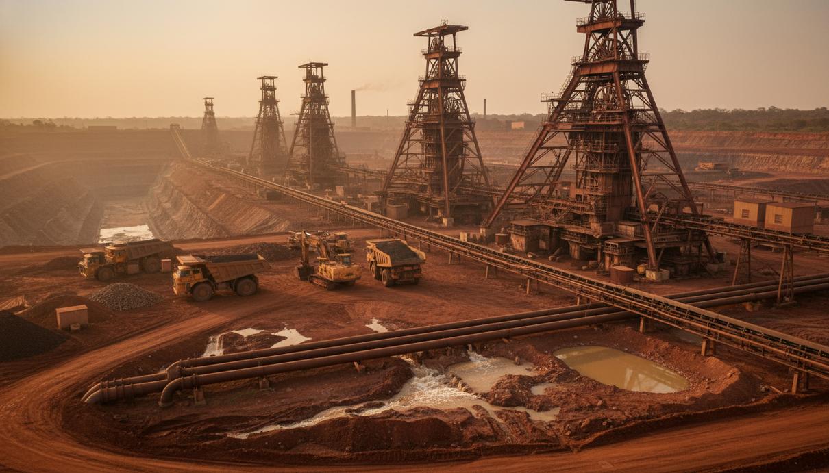 Промышленный вид медного рудника в Замбии с шахтными копрами, системой труб и техникой на фоне красной почвы