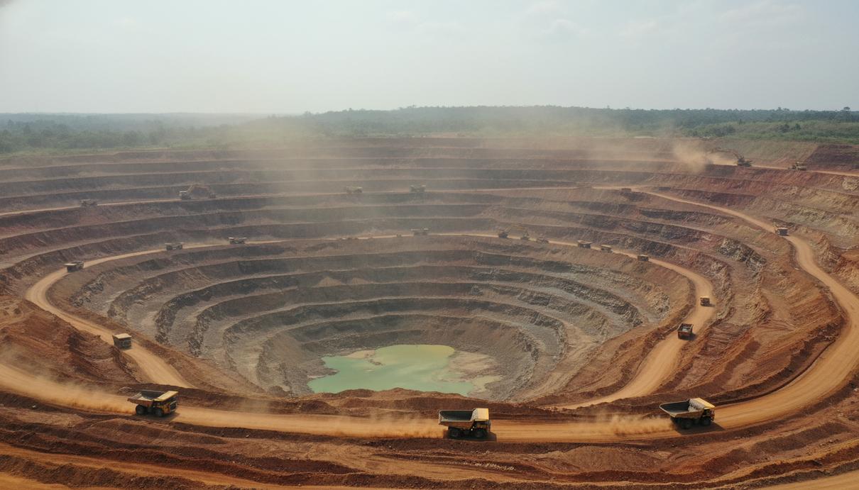 Панорама открытого золотого рудника с промышленной техникой и террасами карьера в Гане