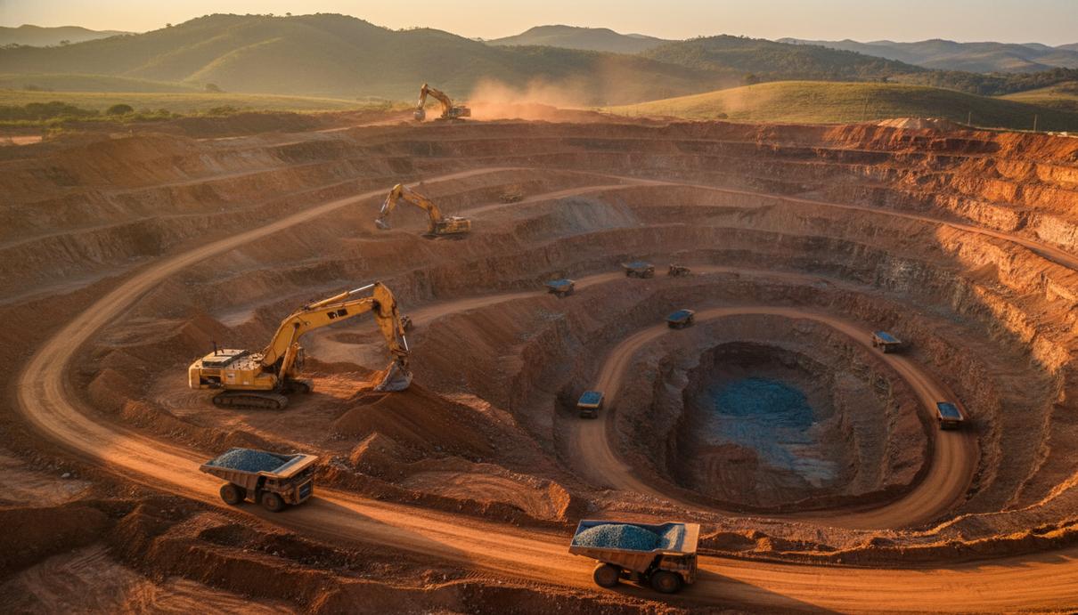 Вид на открытый карьер по добыче полезных ископаемых в Бразилии с промышленной техникой и красной почвой