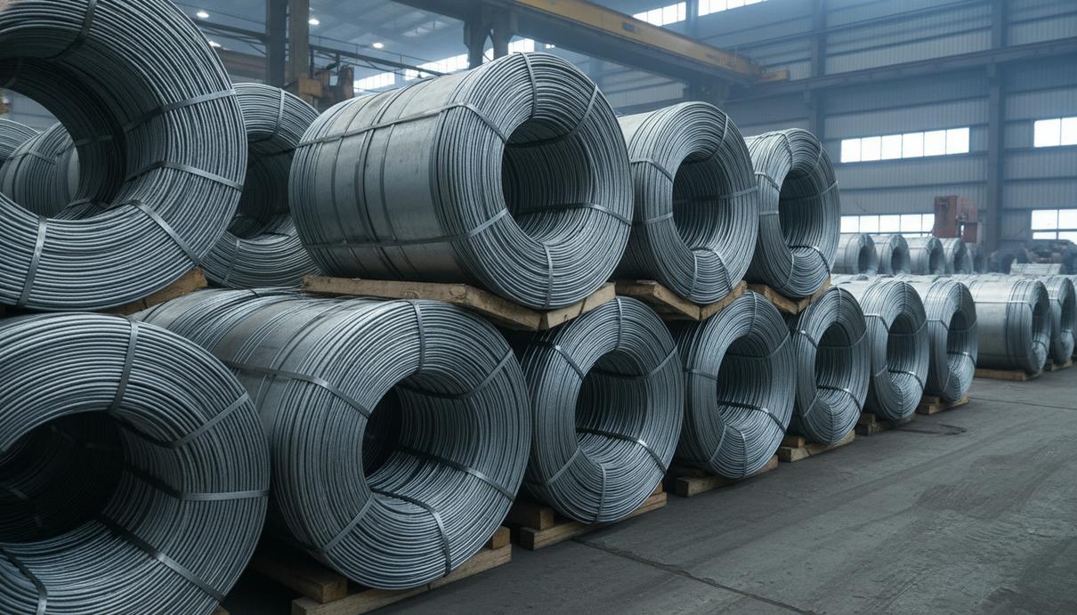 Сложенные в ряд бухты алюминиевой проволоки на полу промышленного склада