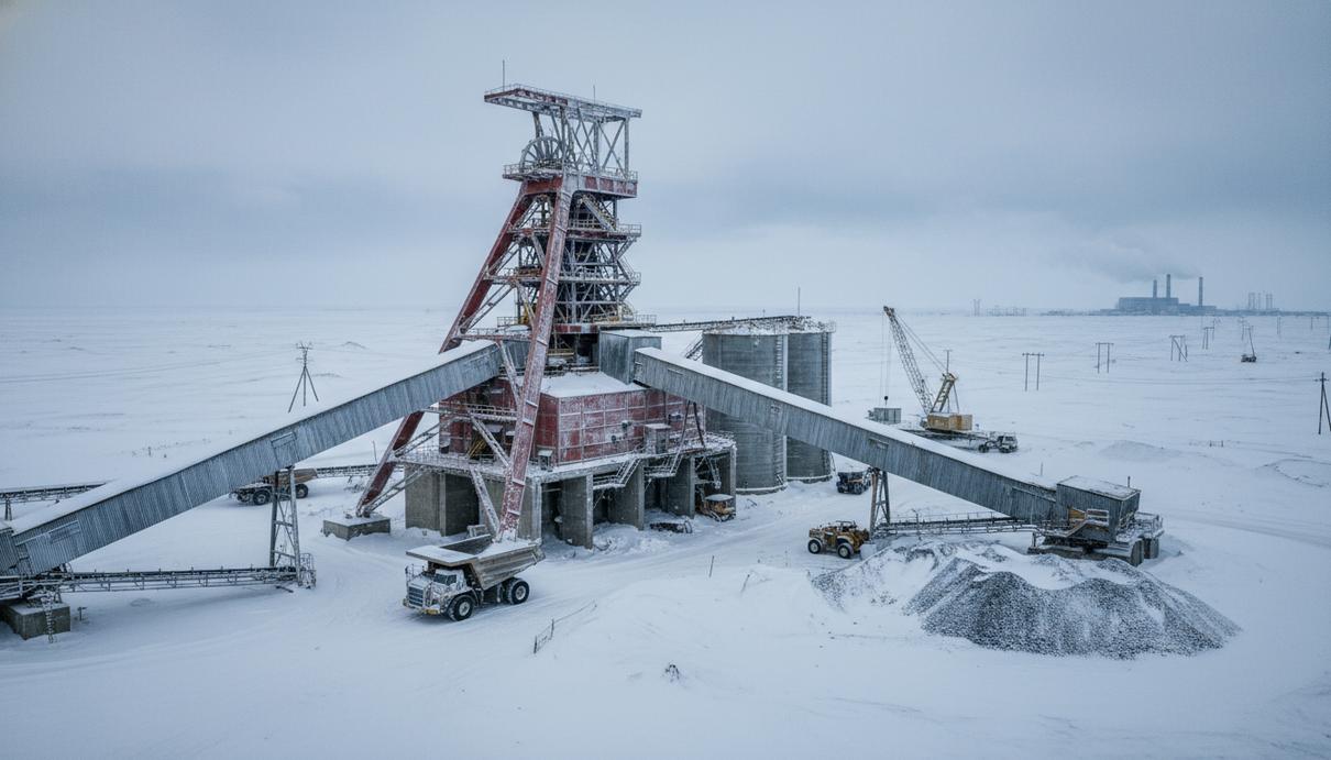 Промышленный копер и наземные сооружения глубокого рудника в заснеженной тундре Заполярья
