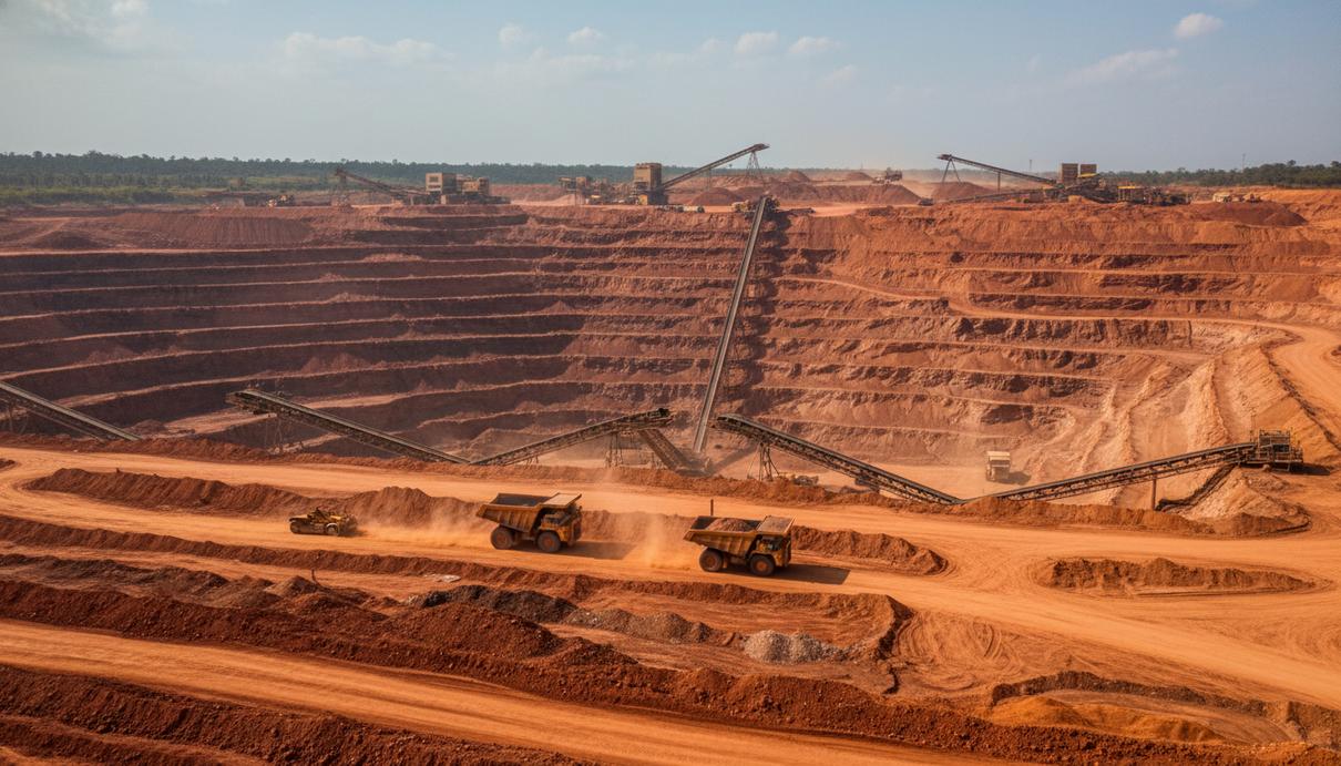 Карьер по добыче бокситов с ярко-рыжей почвой, промышленными конвейерами и горной техникой