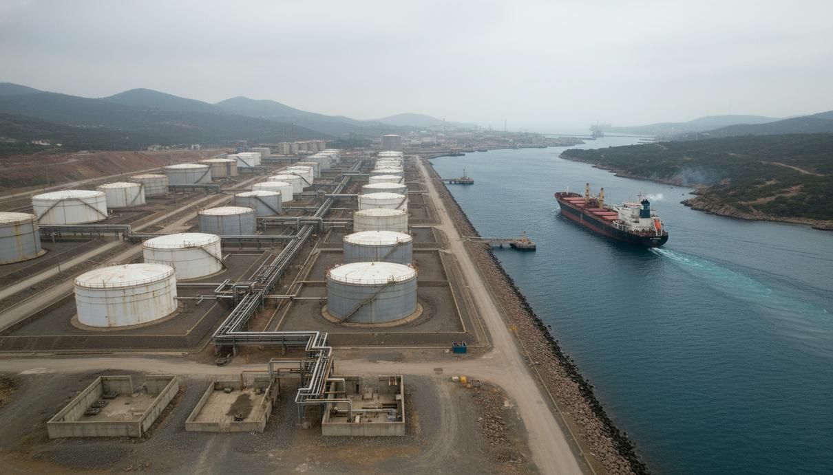 Промышленный нефтяной терминал с резервуарами на берегу моря и грузовое судно в проливе