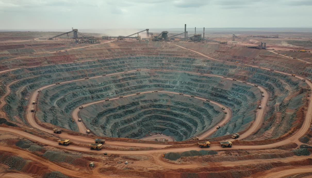 Панорамный вид на ступенчатый горнорудный карьер с промышленными конвейерами под ясным небом