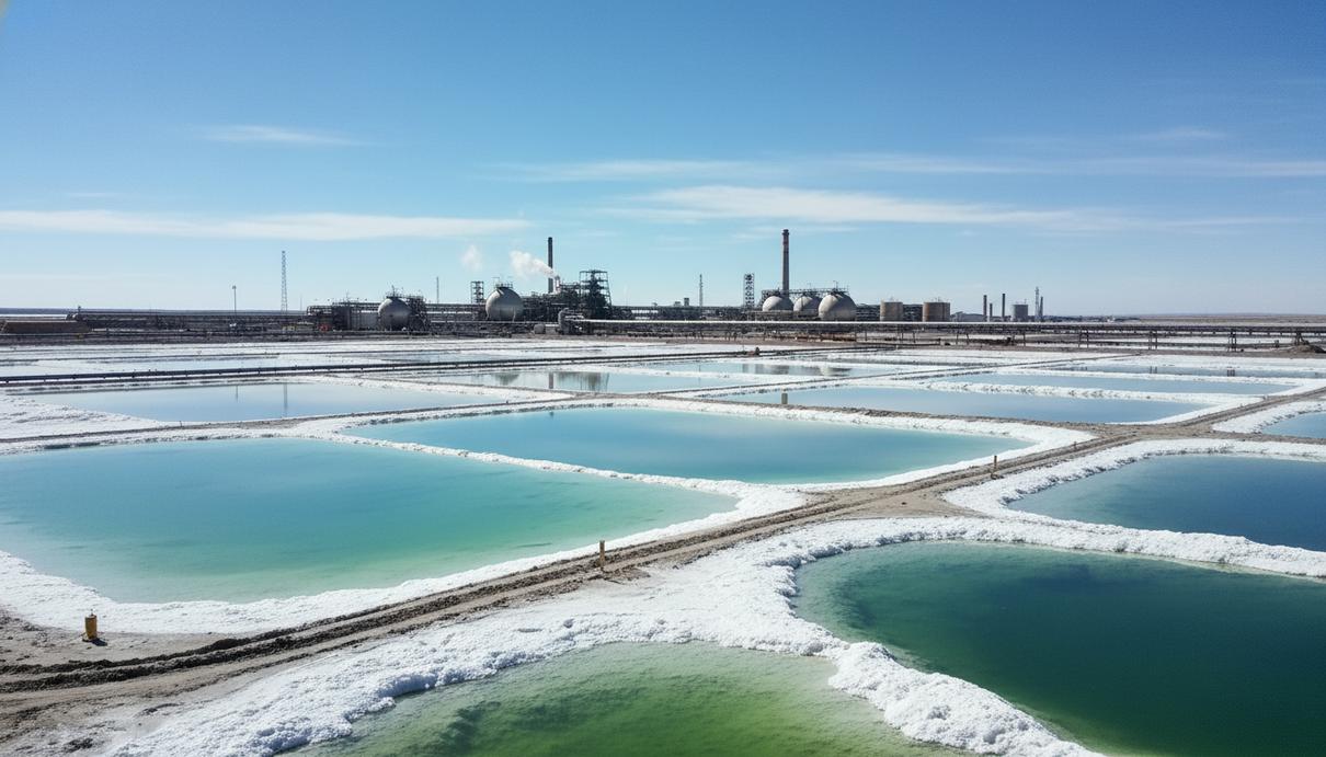 Литиевые испарительные бассейны с яркой водой и промышленное оборудование для добычи сырья