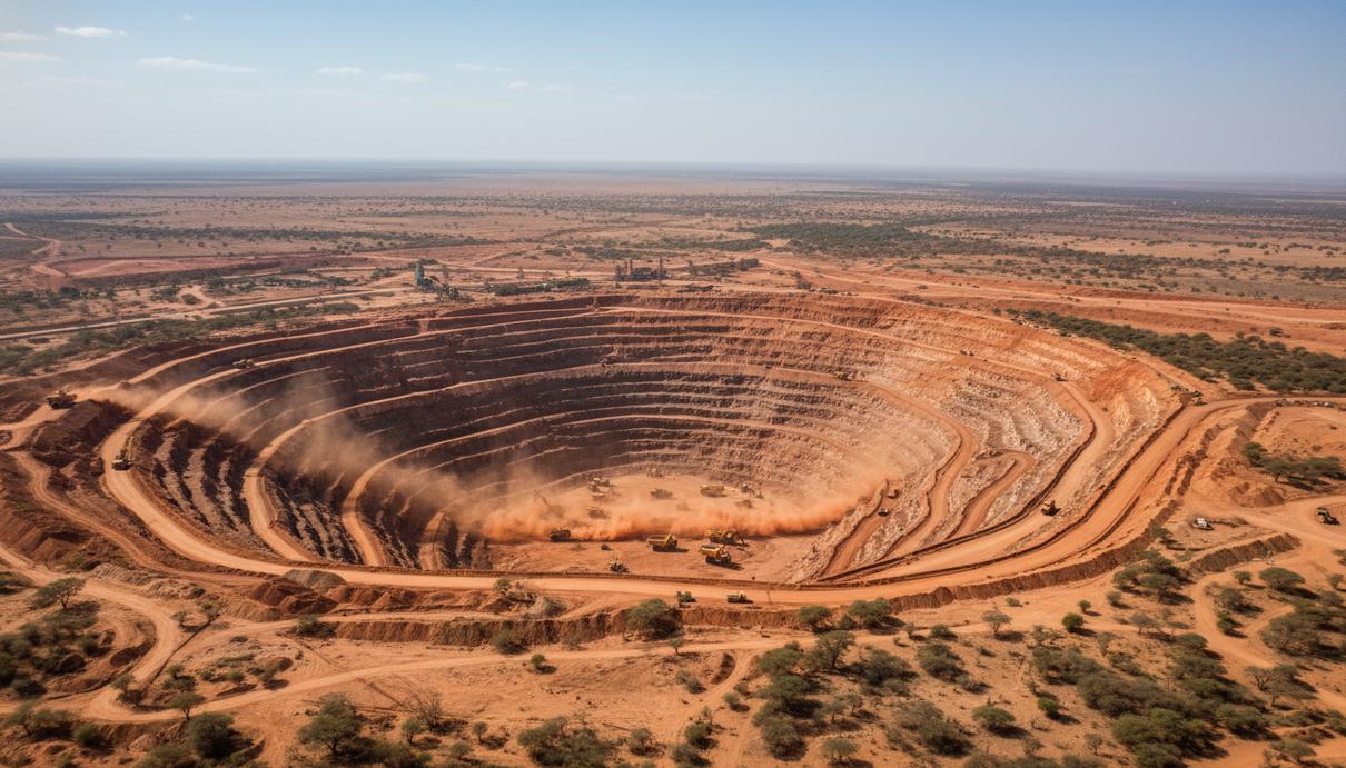 Barrick Gold сокращает присутствие в Мали: уход подрядчика и падение добычи Панорама открытого золотодобывающего карьера в Мали с террасами из красной земли и техникой
