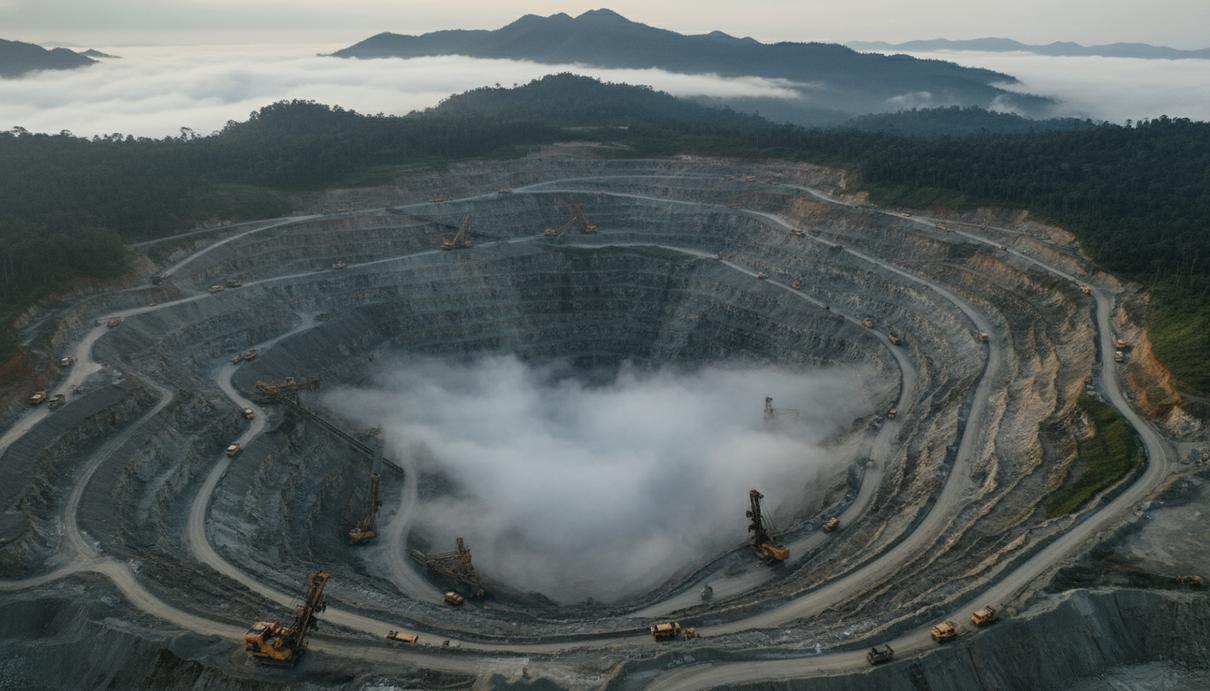 Freeport-McMoRan подтвердила сроки восстановления добычи на руднике Грасберг Панорама глубокого горнодобывающего карьера с террасами на фоне туманных гор в Индонезии.