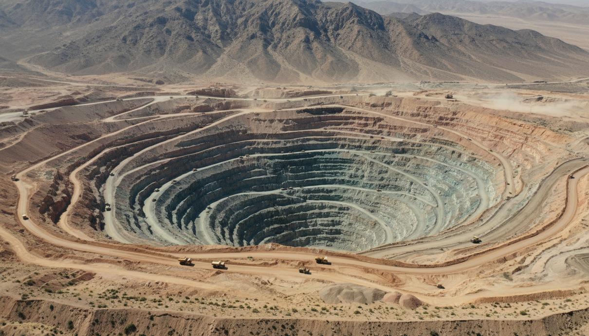 Добыча меди в Чили: госкорпорация Codelco и частные рудники снизили выпуск Глубокий открытый карьер для добычи медной руды с многоуровневыми террасами в горах