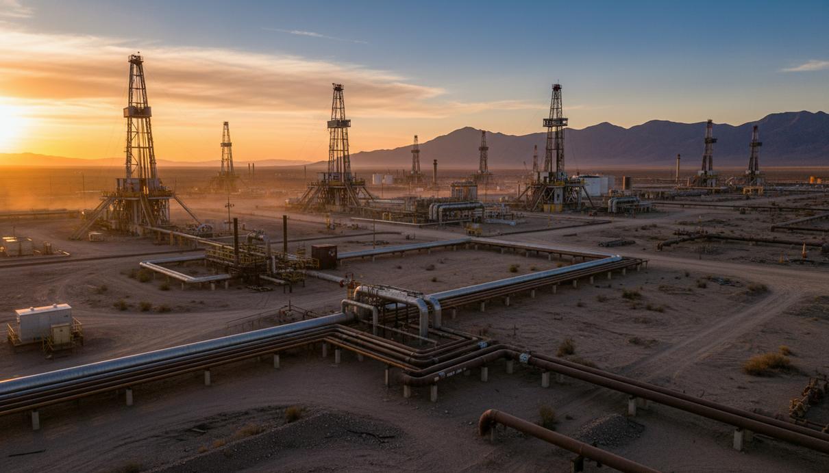 Нефтяные вышки и трубопроводная инфраструктура на фоне засушливого плато в аргентинской провинции Неукен.