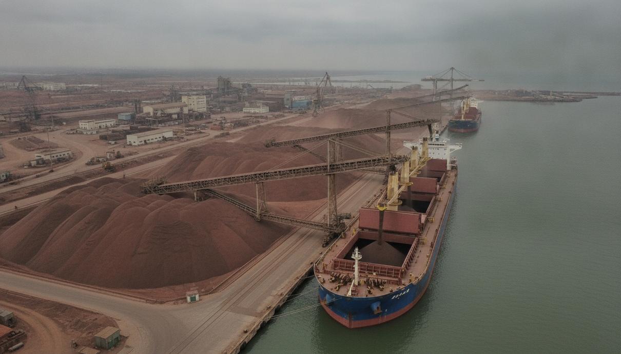 Китай ограничил приемку железной руды австралийской Fortescue Огромные отвалы железной руды в промышленном порту, на заднем плане – грузовой терминал и сухогруз под погрузкой.