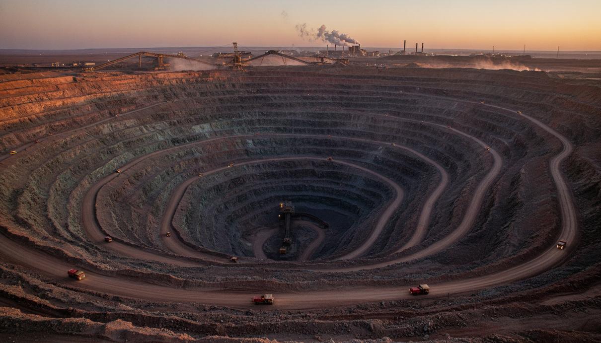 KGHM вложит $8,5 млрд в добычу меди и серебра до 2030 года Огромный медный карьер с высоты птичьего полета, видны многоуровневые террасы и горнодобывающая техника на рассвете.