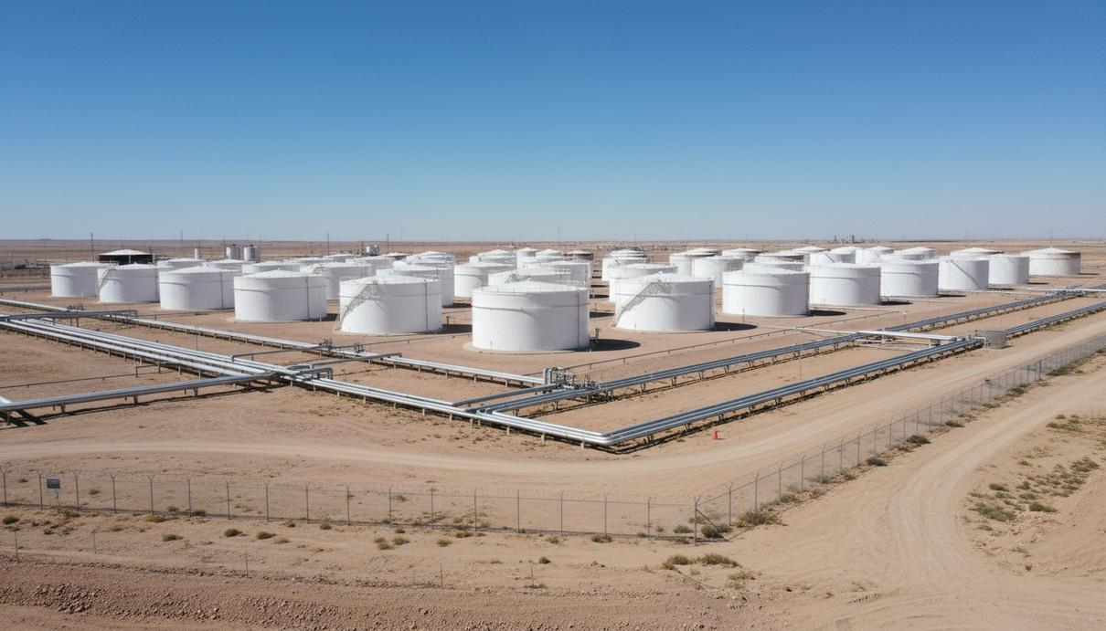Ряды больших белых резервуаров стратегического нефтяного запаса США, соединенные трубопроводами на фоне пустынного пейзажа.