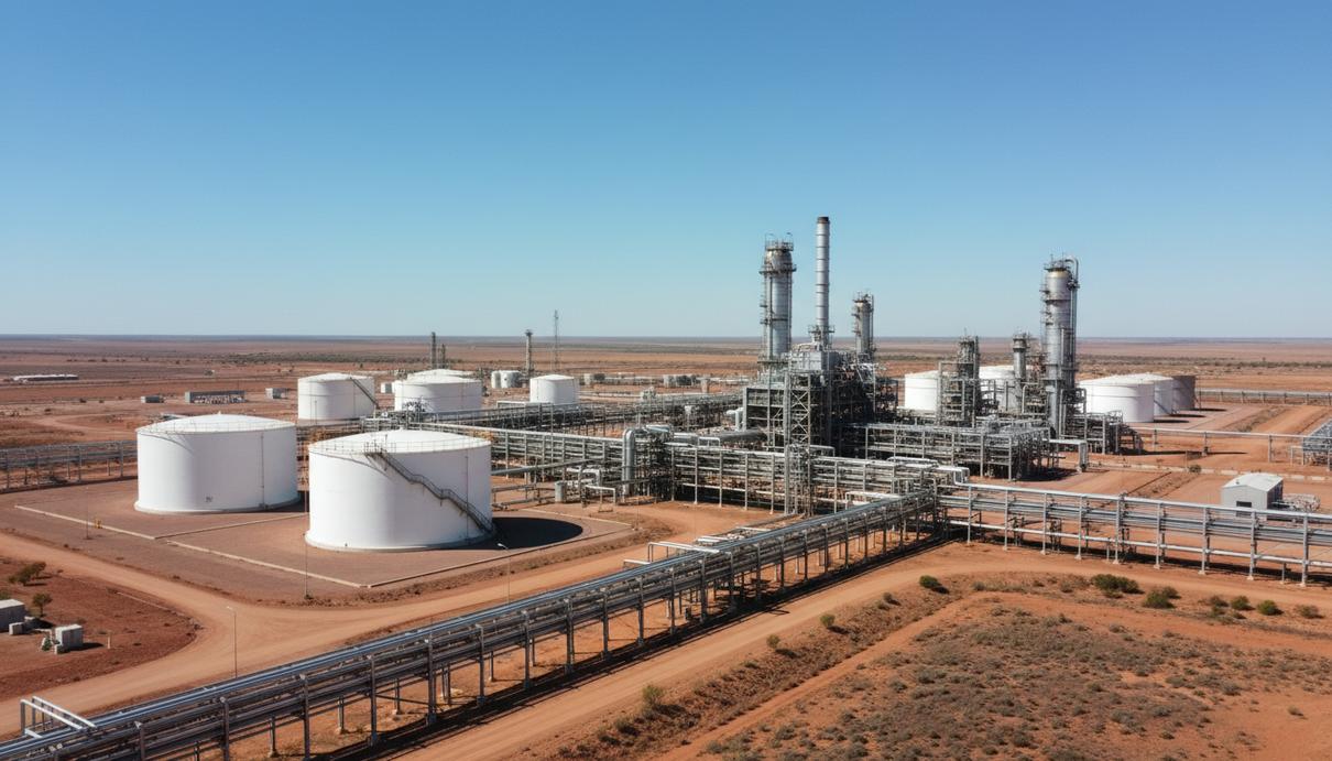 Крупный нефтеперерабатывающий завод с резервуарами для хранения и технологическими установками в пустынном австралийском пейзаже.