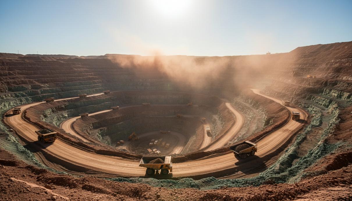 Glencore нарастила добычу меди на фоне обвала производства кобальта Огромный медный карьер с террасными склонами и промышленной техникой, вид с высоты птичьего полета.
