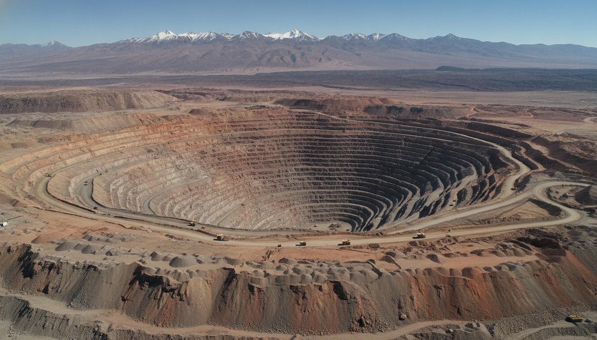 Codelco меняет руководство для усиления контроля над рудниками Огромный медный карьер в чилийских Андах с высоты птичьего полета, видны гигантские террасные уступы горной выработки.