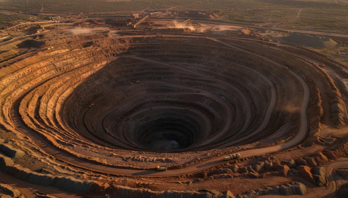 Rio Tinto не вернется к переговорам о слиянии с Glencore Огромный медный карьер с высоты птичьего полета, террасные уступы и карьерная техника на серпантине дорог.