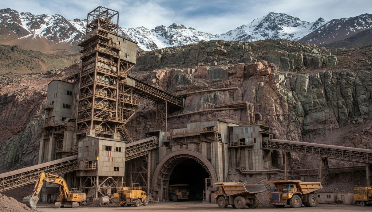 Codelco остановила расширение рудника El Teniente из-за сейсмоугрозы Вход в крупный подземный медный рудник в скалистых горах Анд, промышленная инфраструктура и техника у портала шахты.