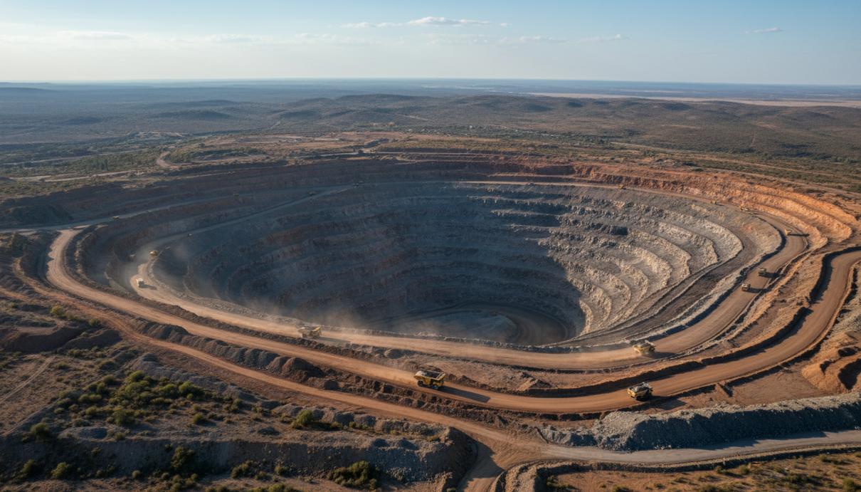 Northam Platinum рассмотрит предложения о продаже после оферты Карьер по добыче платины в Южной Африке с высоты птичьего полёта. Видны горные террасы и технологические дороги.
