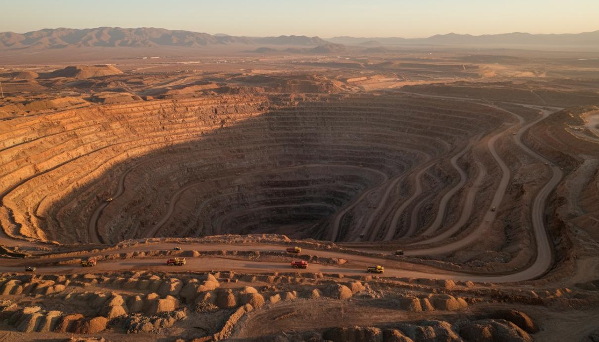 Codelco увеличила прибыль вчетверо вопреки падению добычи Аэрофотосъемка гигантского медного карьера с террасными склонами. На серпантине дорог видны большие карьерные самосвалы.