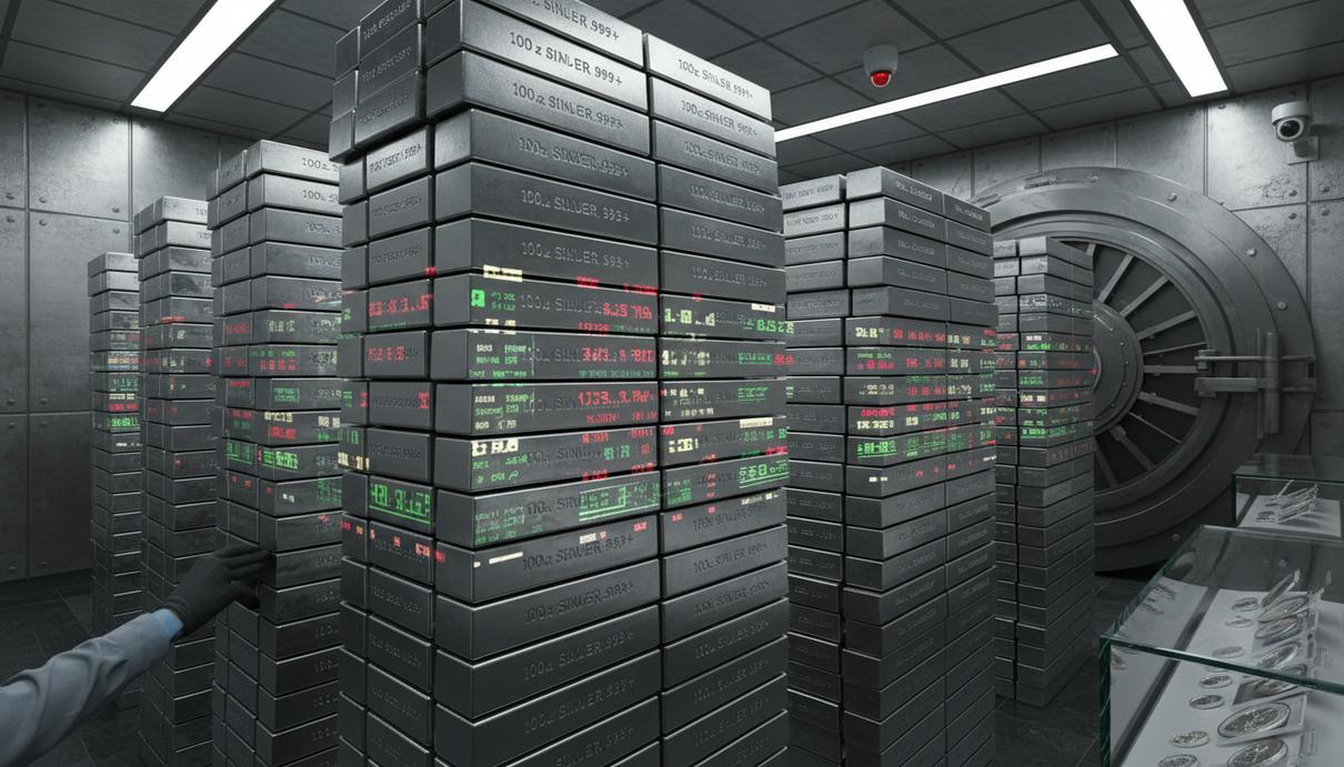 CME Group введёт круглосуточные торги фьючерсами на серебро Стопки полированных серебряных слитков по 100 унций в современном банковском сейфе, на металле отражаются биржевые данные.
