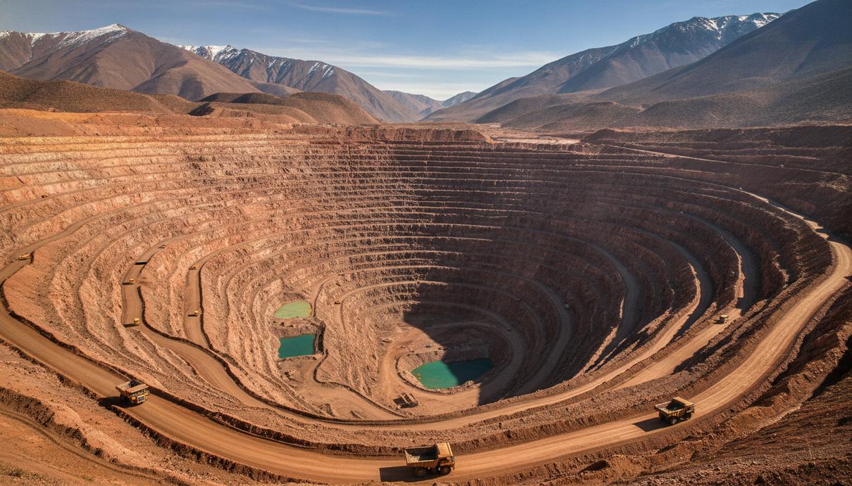 Панорама крупного карьера по добыче меди в горах Чили, видны террасные уступы и большегрузная карьерная техника.