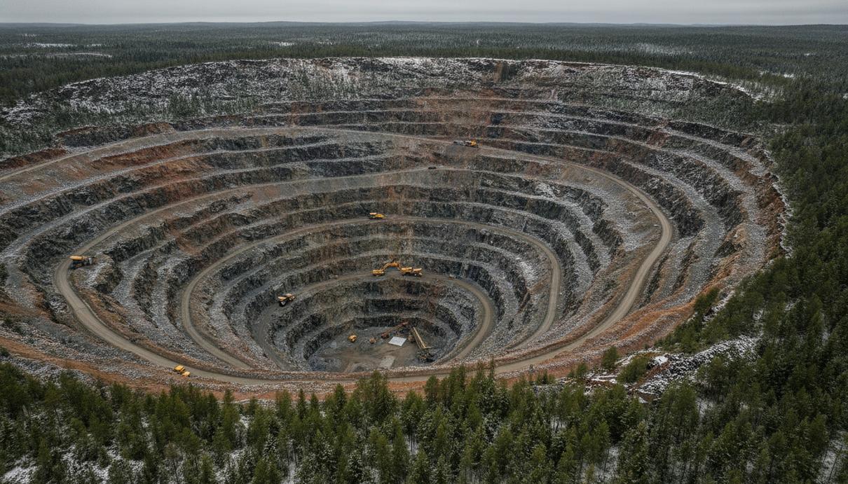 Швеция одобрила проект Boliden по разработке крупного медного рудника Панорама крупного карьера по добыче меди в северной Швеции на фоне таежного леса и скалистой местности.