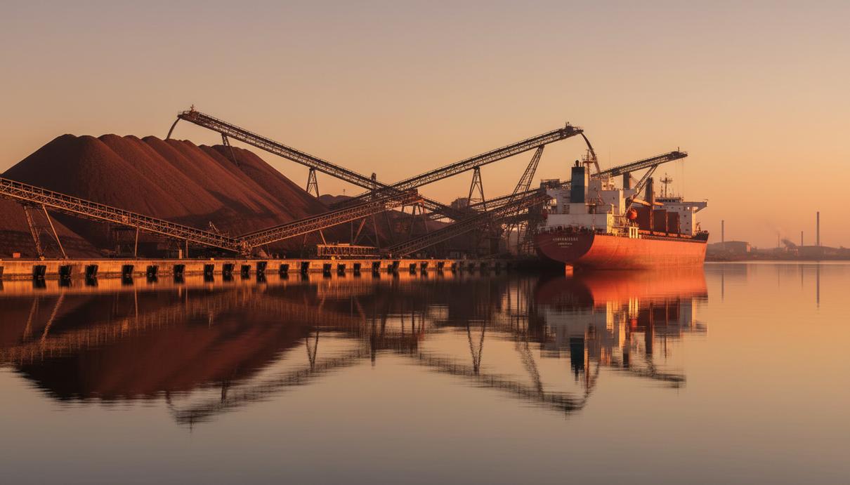 BHP столкнулась с первой за 25 лет забастовкой в Порт-Хедленде Промышленный пейзаж порта Порт-Хедленд в Австралии: горы железной руды, конвейерные ленты и грузовое судно у причала.