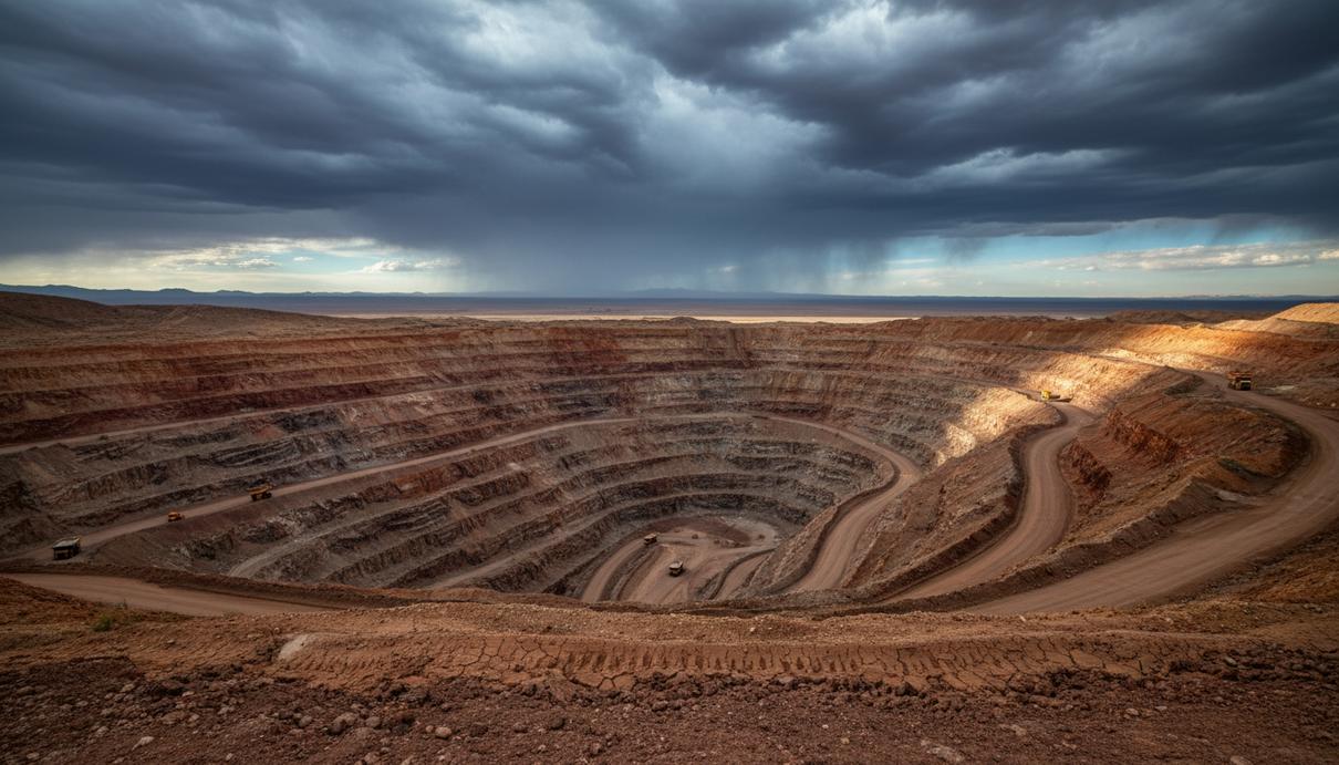 Codelco отложит антикризисный план до конца 2026 года Огромный медный карьер в чилийской пустыне Атакама с террасными склонами. На дне карьера видны большие карьерные самосвалы.