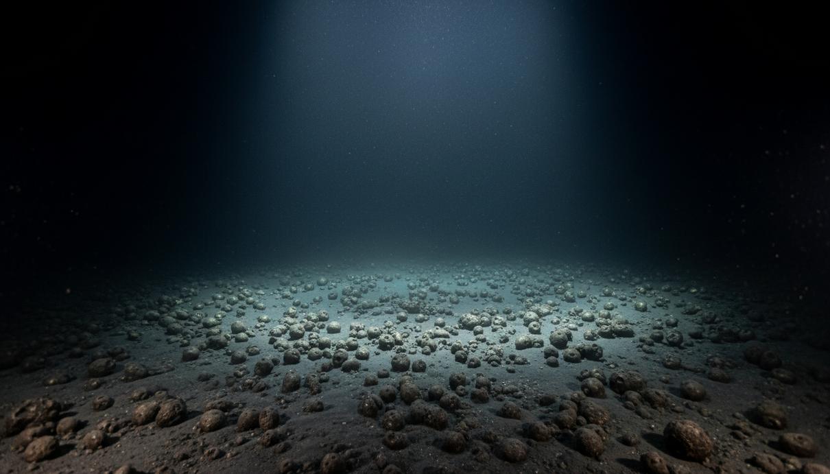 Глубоководное морское дно, усеянное полиметаллическими конкрециями, похожими на картофель, в слабом свете от подводного аппарата.