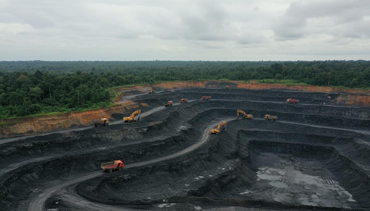 Bayan Resources отменила форс-мажор по поставкам угля после роста квот Панорама большого угольного разреза в Индонезии, на террасах стоит карьерная техника: экскаваторы и самосвалы.