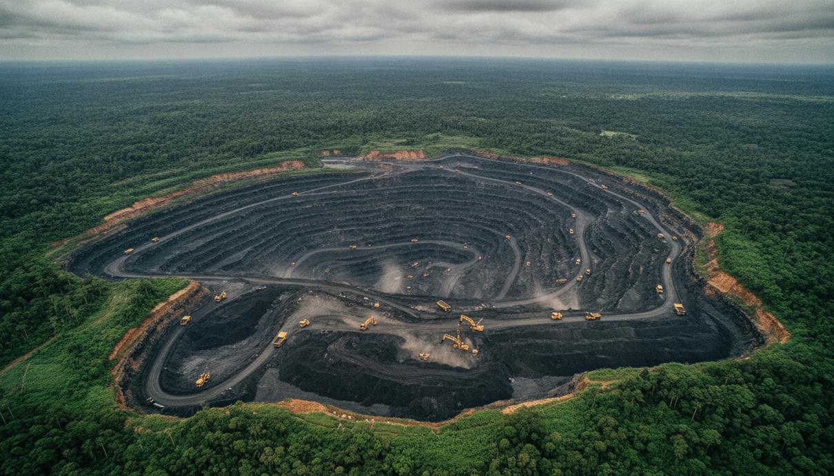 Индонезия выделила Bayan Resources допквоту на 15–20 млн тонн угля Крупный угольный карьер в Индонезии с высоты птичьего полёта, видны ярусы выработки и горнодобывающая техника на фоне джунглей.
